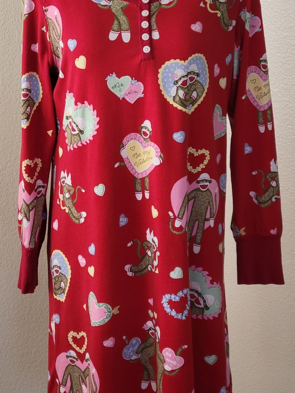 VTG Nick and Nora Valentine Sock Monkey Henley Sleep Shirt Dress S